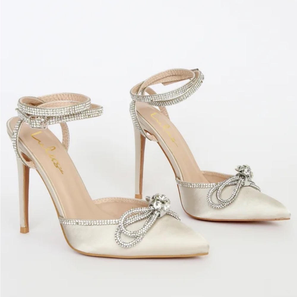 Lulu’s Lullie Ivory Satin Rhinestone Ankle Strap Pointed-Toe Pumps Size 8